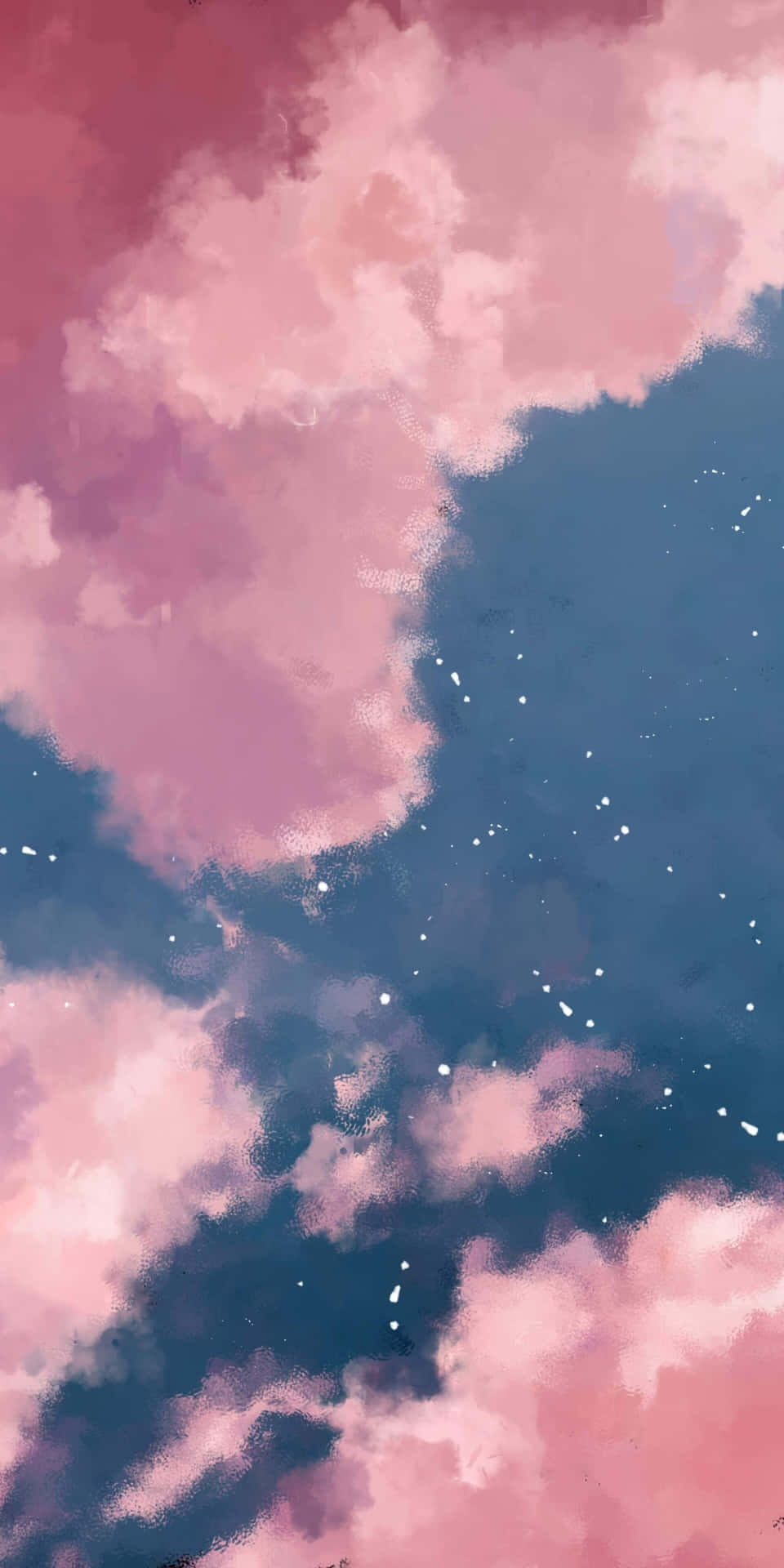 粉紅雲朵漂浮在星空藍天上，柔和的水彩插圖。