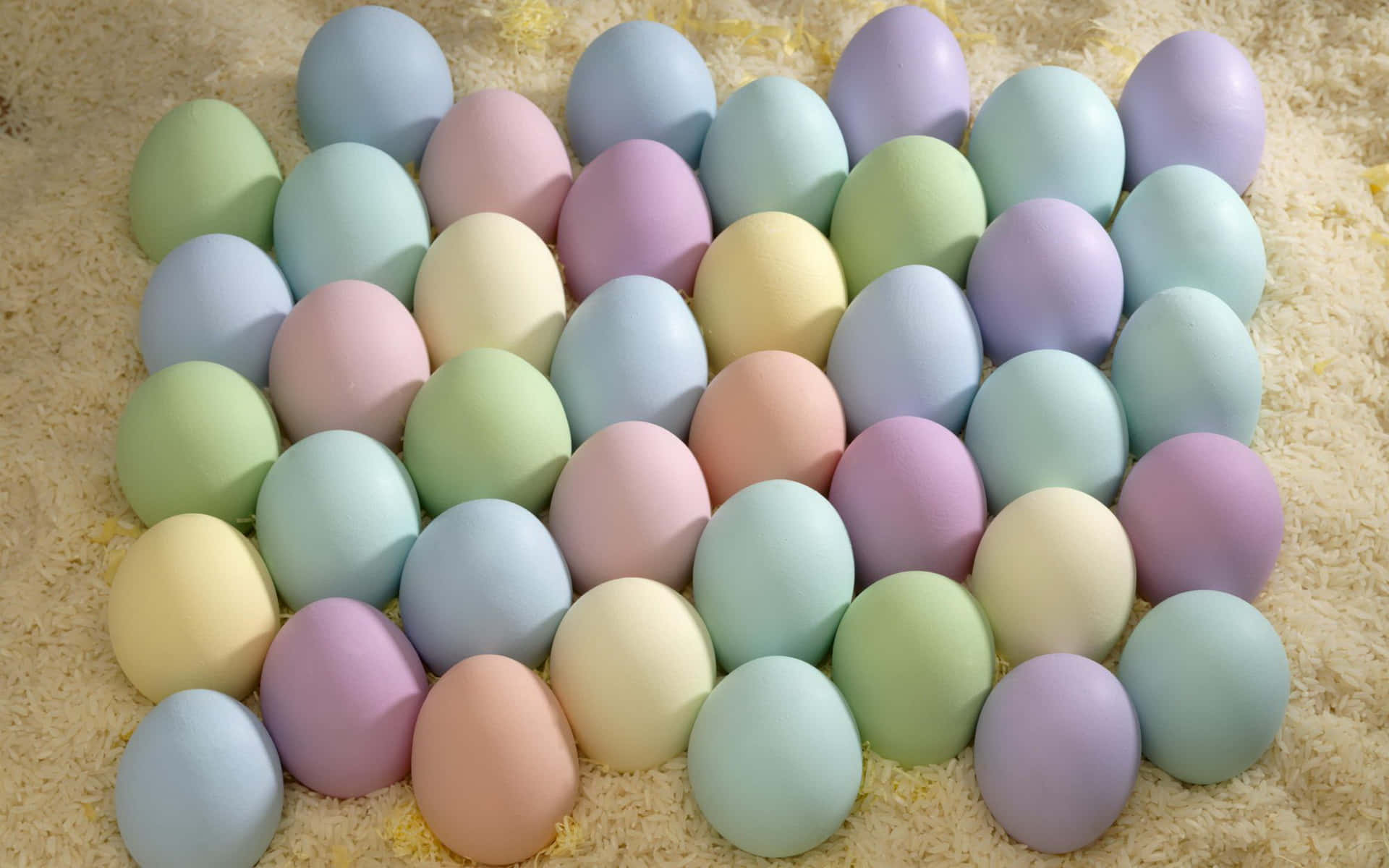 Eggs 桌布 壁紙 — 粉彩雞蛋整齊排列在黃色稻草床上，形成整齊的網格。