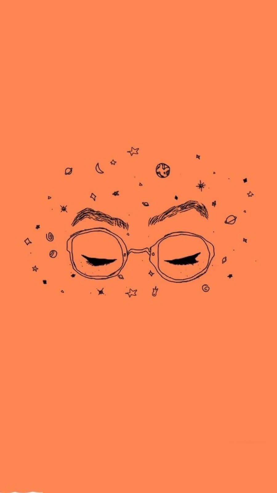 戴眼鏡的閉眼，周圍環繞著星星和行星，背景為橙色。