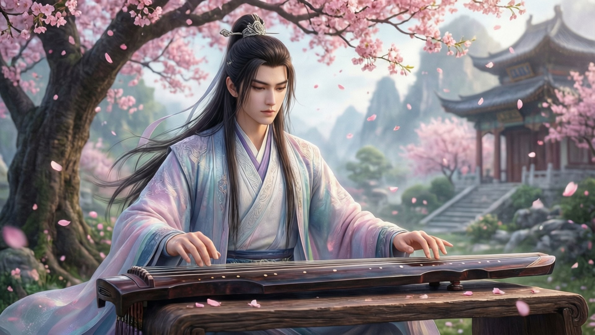 一名身穿傳統長袍的男子在亭閣附近的櫻花下彈奏古箏。