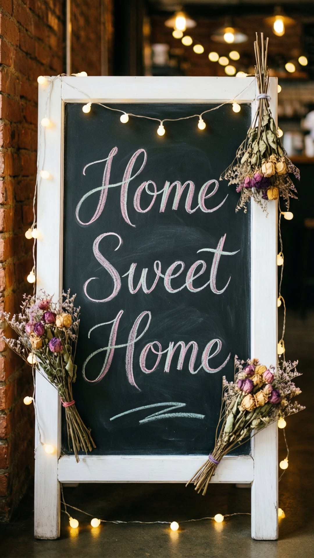 黑板，上面用粉紅色草書寫著「Home Sweet Home」，裝飾有燈串和乾花。