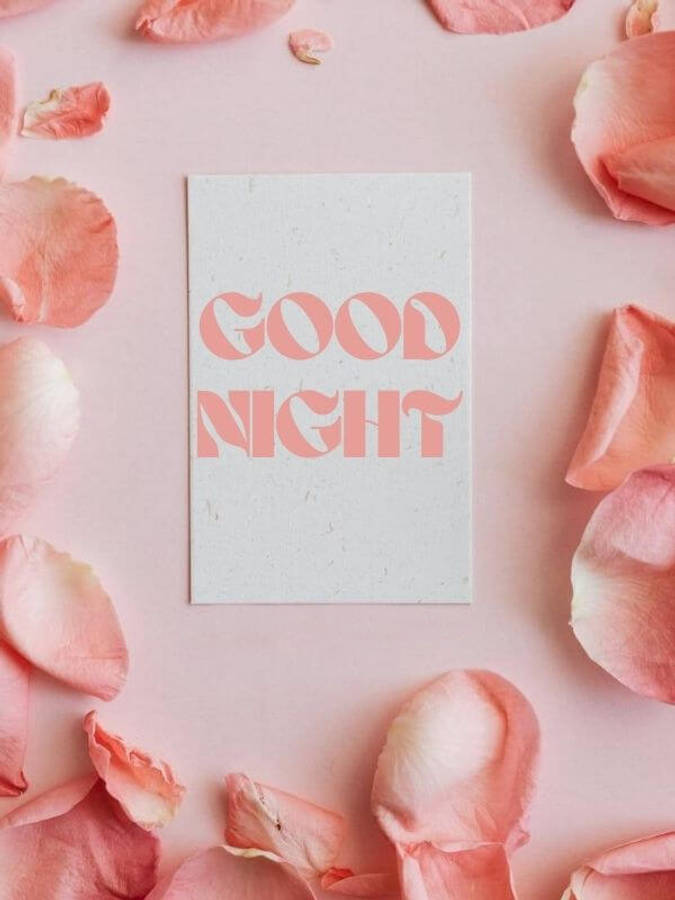 粉玫瑰安眠 壁紙 — 一張柔和的粉紅色卡片，上面有相配的草書 'GOOD NIGHT'，周圍散落著玫瑰花瓣在粉彩粉紅色的表面上。