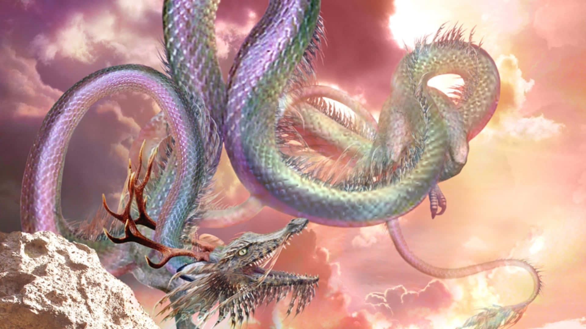 粉白中國龍動漫飛翔雲端 壁紙 — 一條雄偉的彩虹龍在充滿活力的日落天空中蜿蜒盤旋，下方是岩石露頭和一隻帶角的野獸。