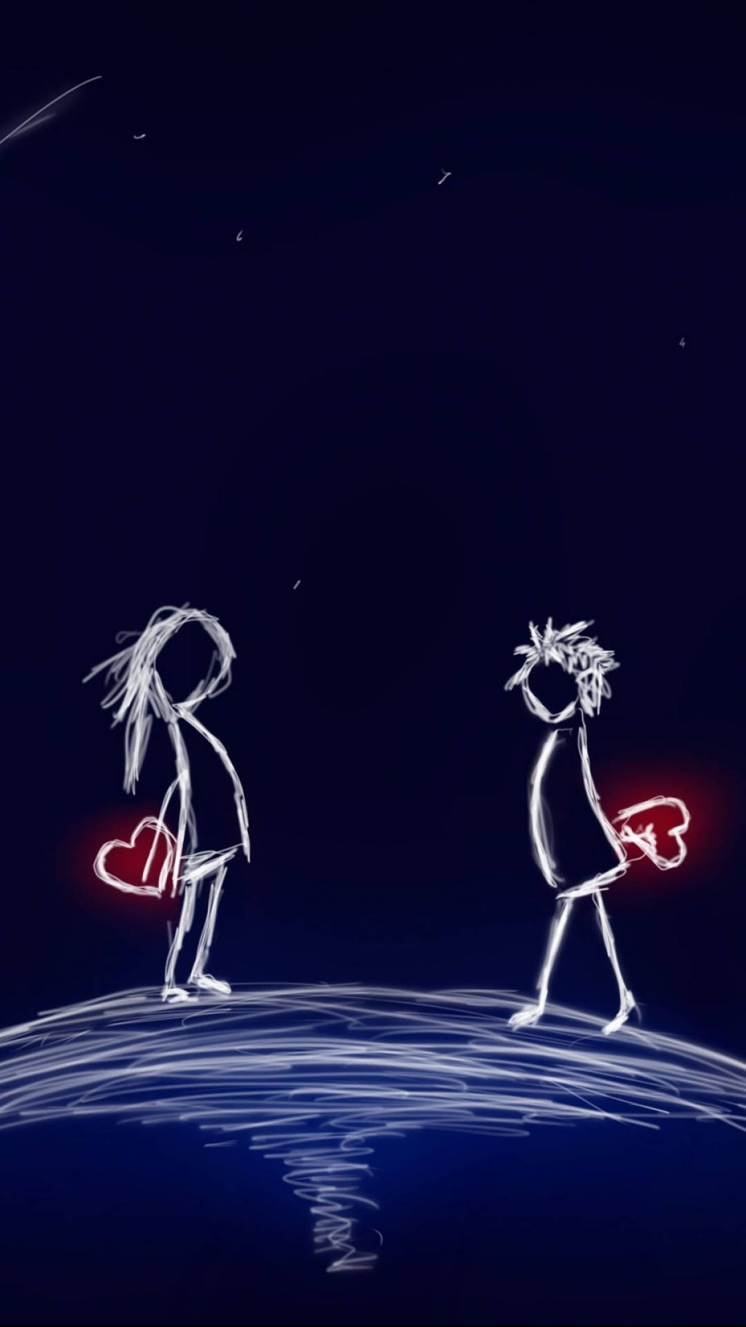 兩個火柴人在波浪上手持發光心形，背景是星空。