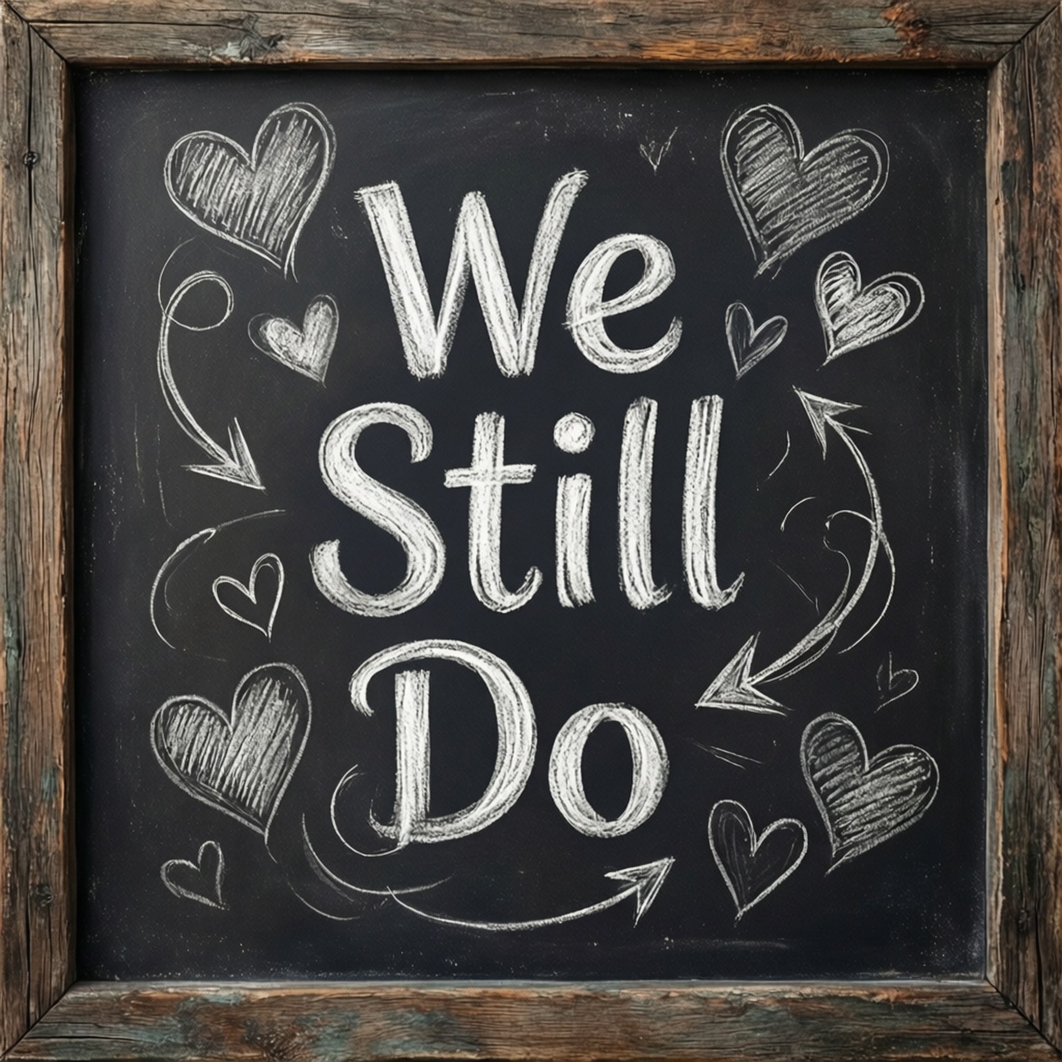 木框黑板上的「We Still Do」被心形和箭頭環繞。