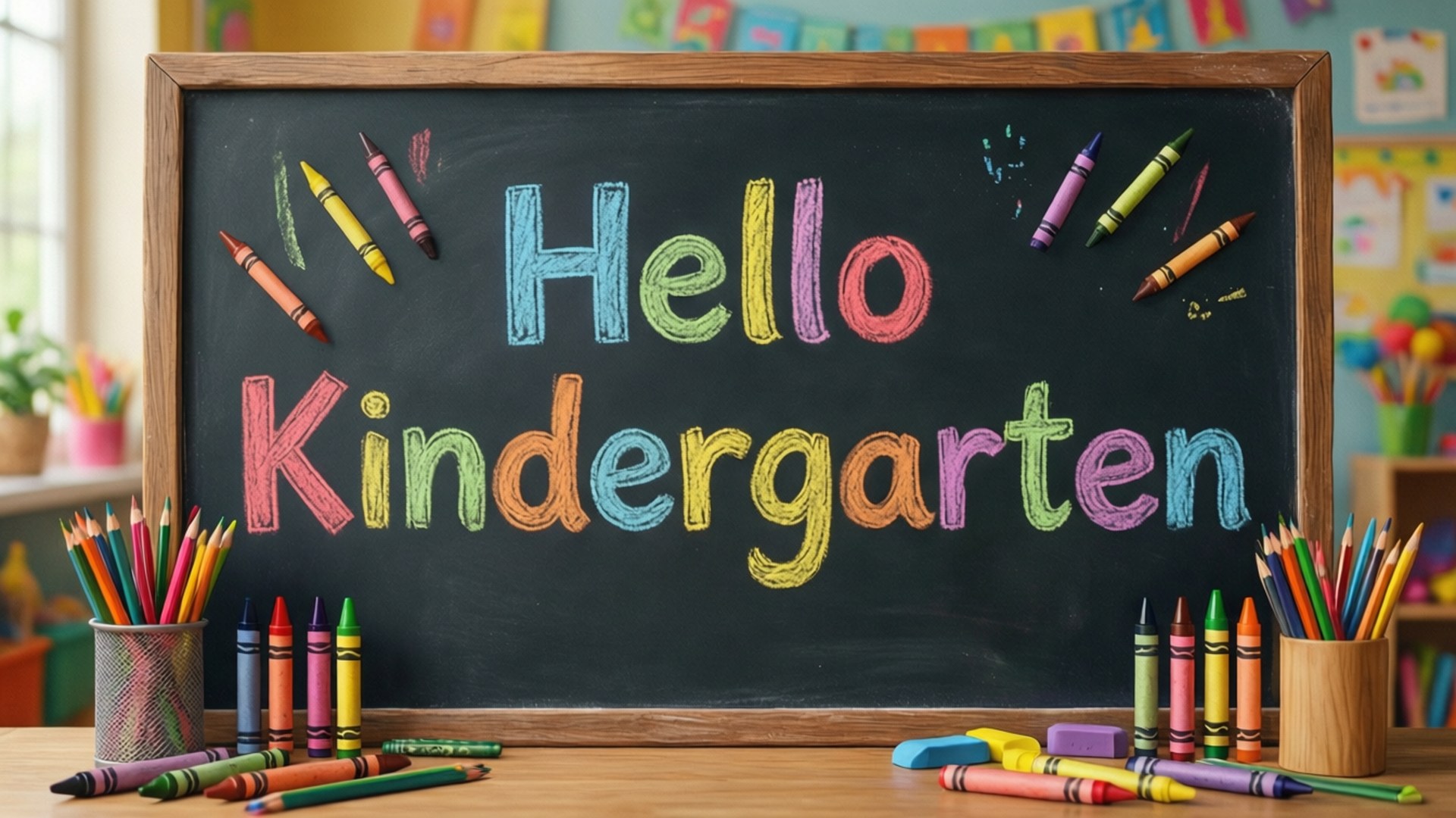 色彩繽紛的黑板，上面寫著 Hello Kindergarten，周圍環繞著教室裡的藝術用品。