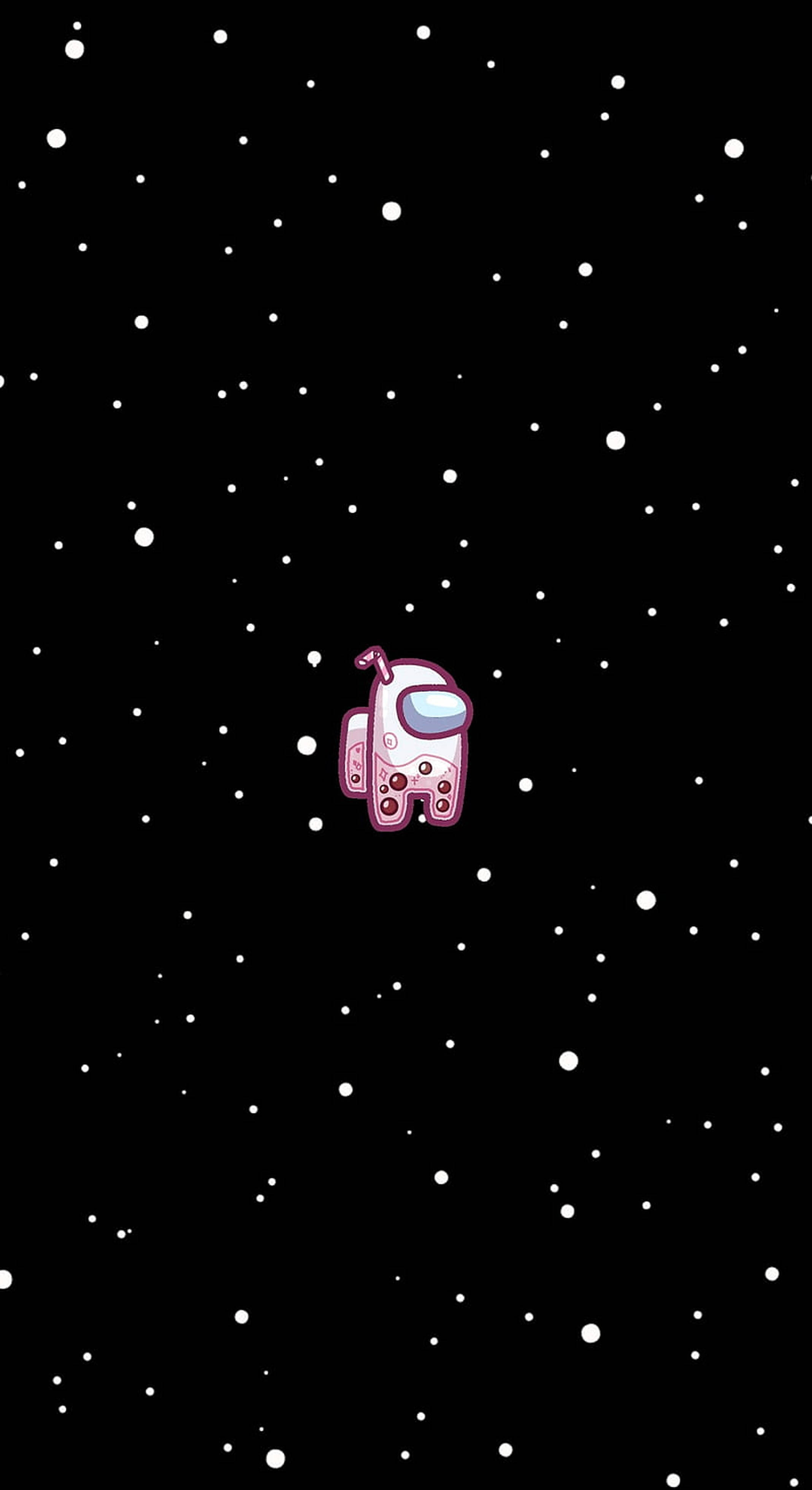 粉紅 Boba Among US 星際 壁紙 — 一個粉紅色卡通太空人獨自漂浮在佈滿星星的黑色虛空中，周圍散落著白色星星。