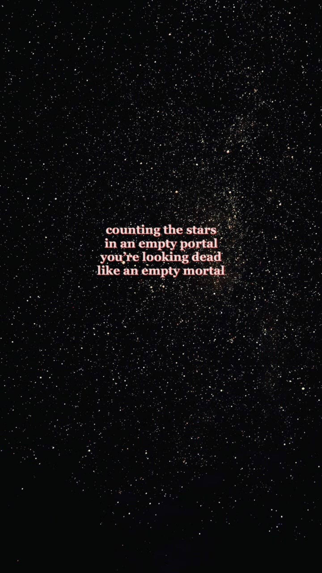 文字疊加在繁星點點的夜空中，讀作在空蕩的傳送門中數星星，你看起來像個空蕩的凡人一樣死了