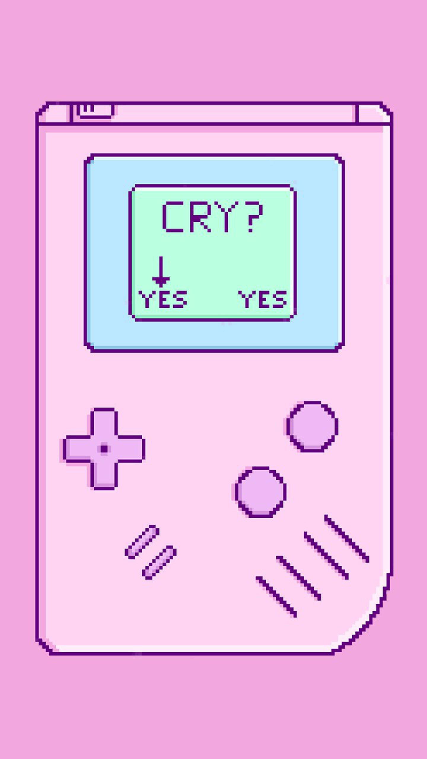 粉紅 Game Boy 哭泣選單 壁紙 — 一部粉紅色像素風格手提遊戲機顯示發光屏幕，問「CRY?」，下方有「YES」選項。