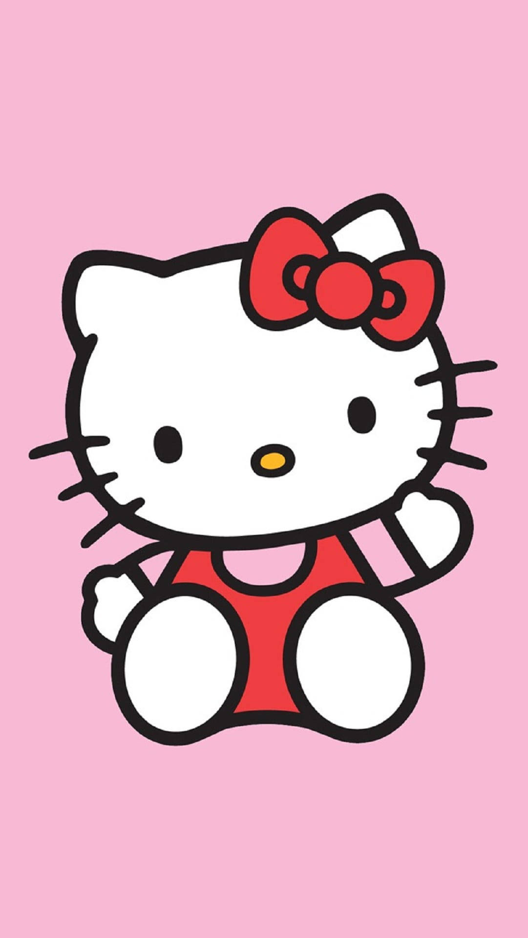粉紅 Hello Kitty 招手坐姿 壁紙 — Hello Kitty 卡通角色戴著紅色蝴蝶結和穿著紅色裙子，坐在柔和的粉紅色背景前。