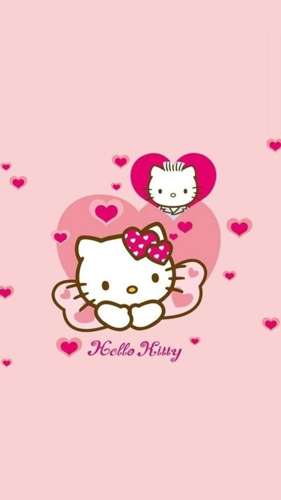 粉紅 Hello Kitty 韓國三星 Galaxy Note 5 壁紙 — Hello Kitty 戴著粉紅色蝴蝶結和天使翅膀，坐在柔和的粉紅色背景上漂浮的心形之間。