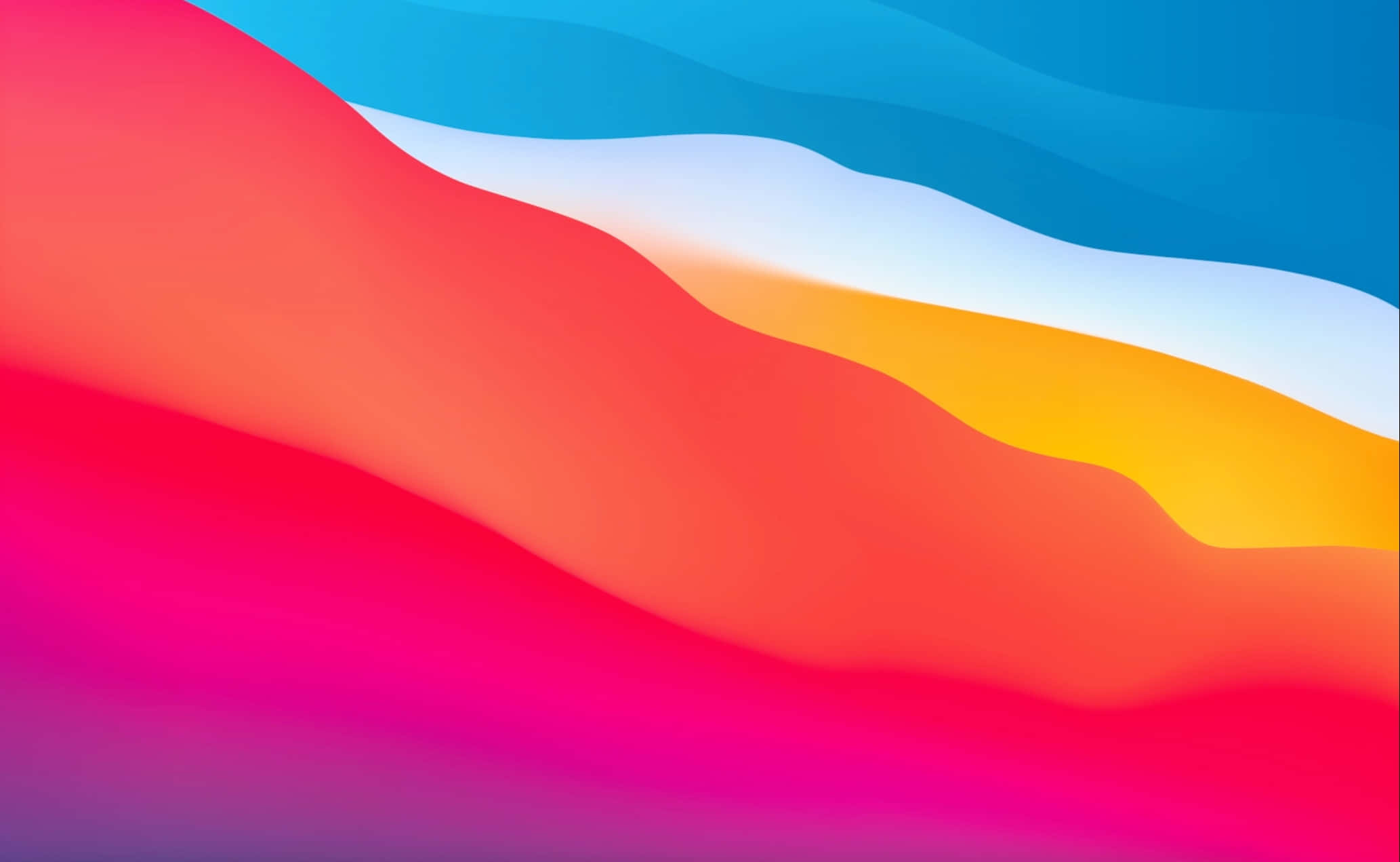 macOS 桌布 壁紙 — 粉紅、橙、黃、藍的鮮豔抽象波浪在數碼漸變背景中平滑融合。