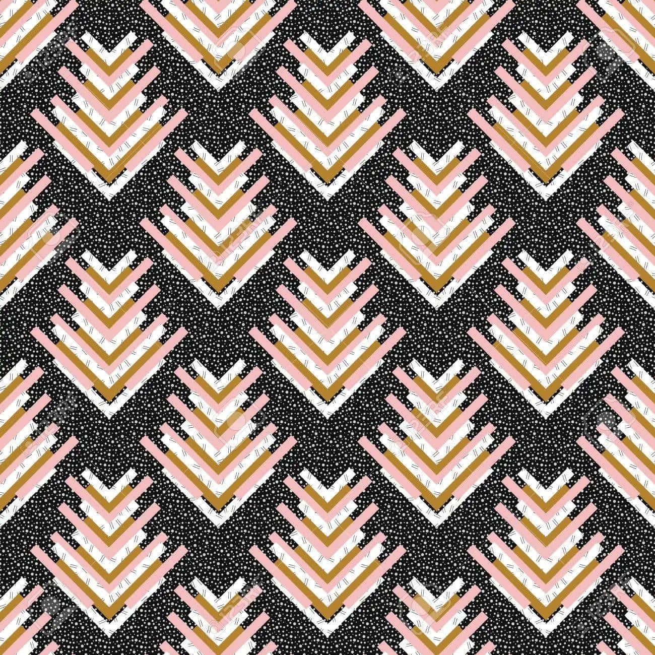 Postmodernism 桌布 壁紙 — 粉紅、白色和金色的重複人字形圖案，帶有手繪紋理的斑點黑色背景。