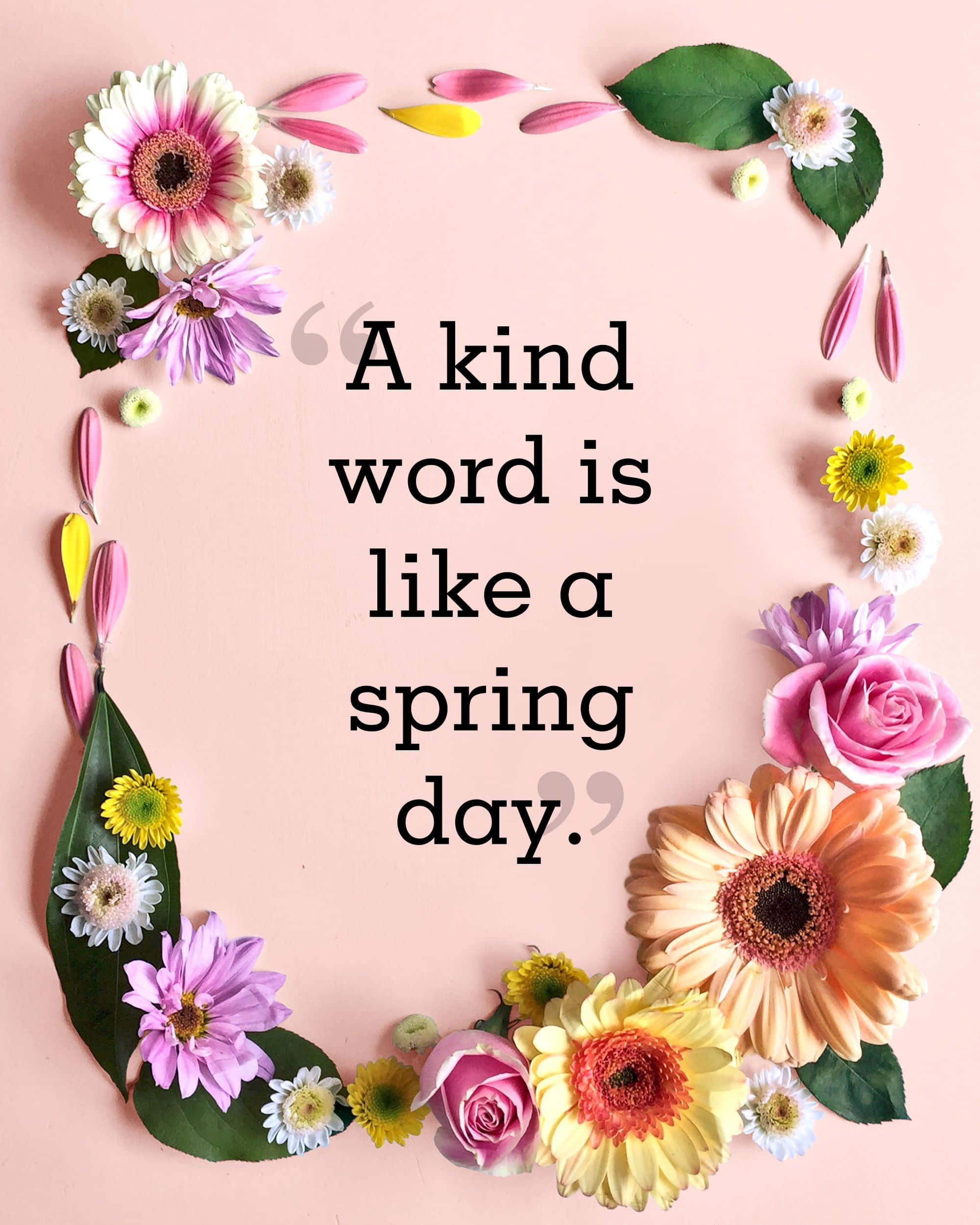 Spring Inspirational 桌布 壁紙 — 粉紅、紫、黃、白花朵組成的花環，在柔和的粉紅背景上框住一句關於善良的名言。