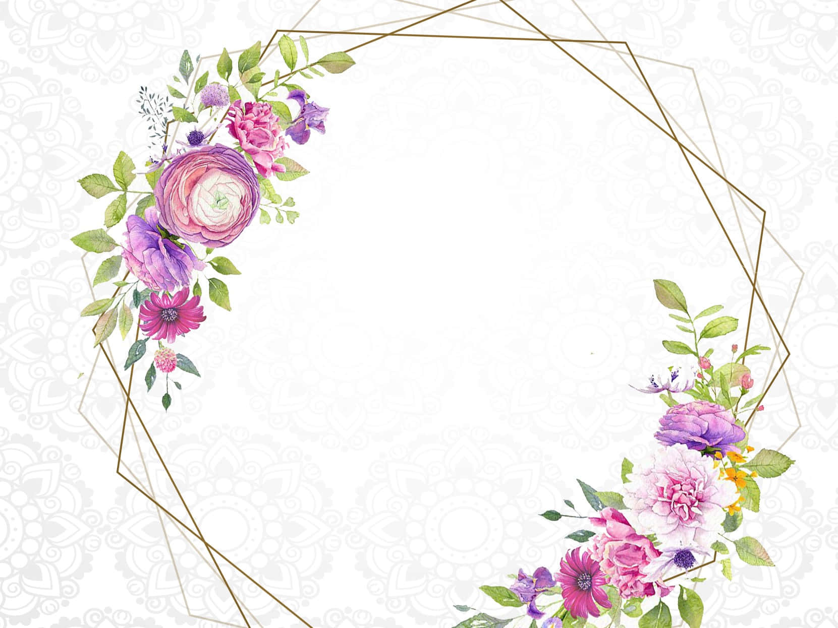 美麗花朵 桌布 壁紙 — 粉紅、紫色和綠色的精緻水彩花卉花環，裝飾著幾何金色框架，襯托在細膩的蕾絲圖案背景上。
