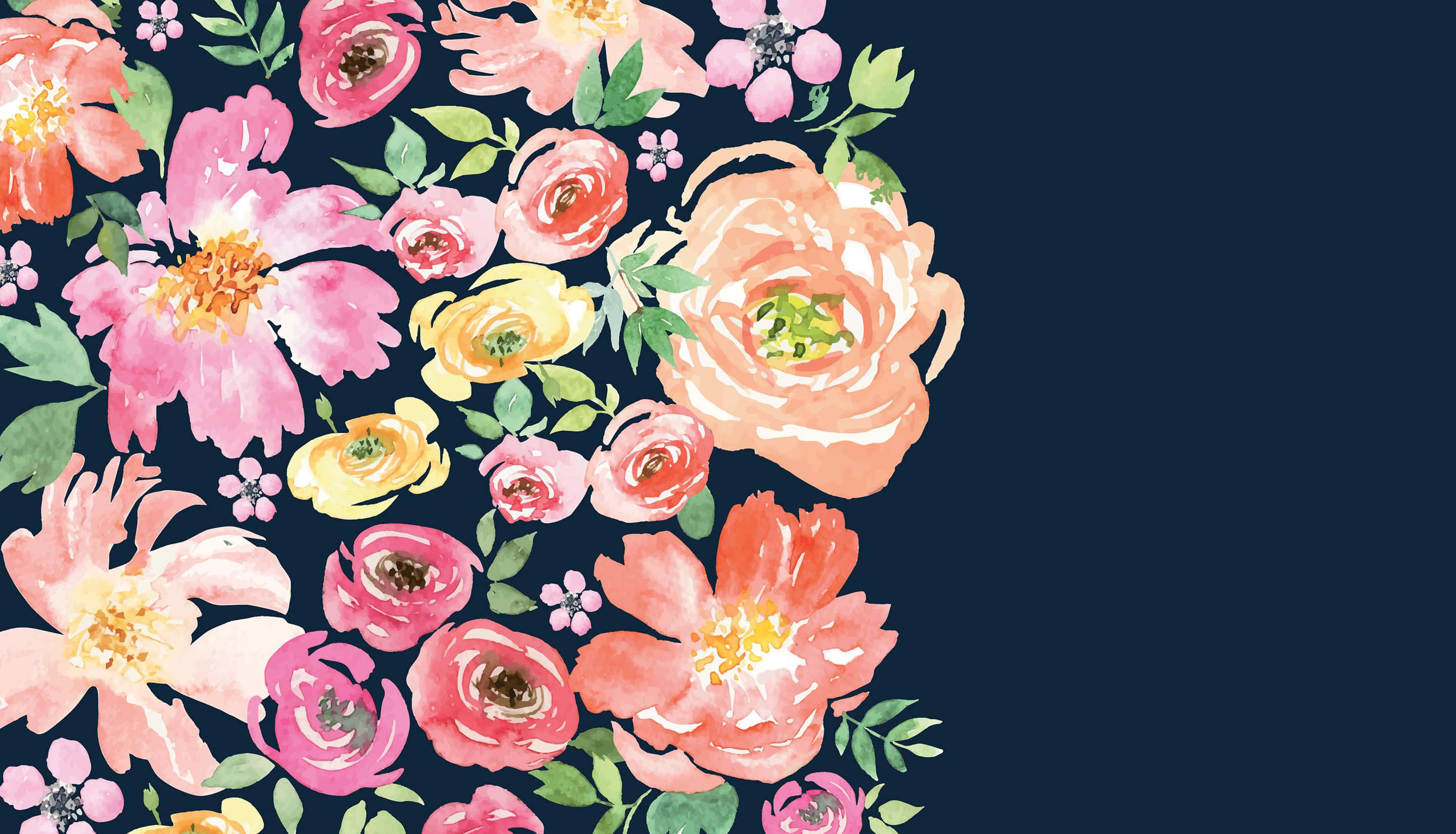 Cute Flower 桌布 壁紙 — 粉紅、蜜桃和黃色的鮮豔水彩花朵在深海軍藍背景下盛開。