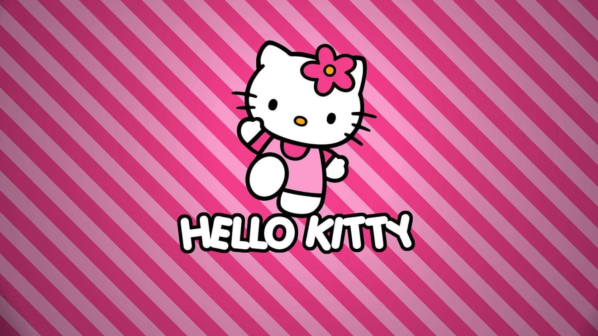粉紅Hello Kitty與條紋背景 壁紙 — Hello Kitty 卡通角色穿著粉紅色連衣裙，戴著花朵頭帶，站在對角粉紅色條紋前。