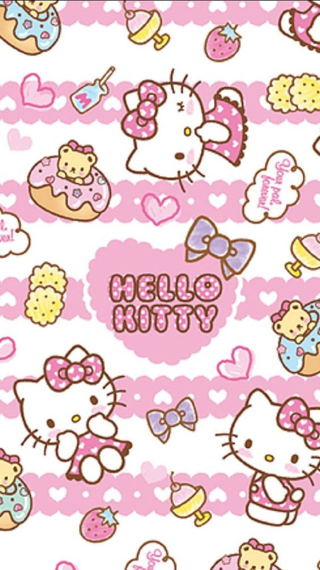 粉紅Hello Kitty與美食圖案 壁紙 — Hello Kitty 角色和甜點漂浮在粉紅色心形圖案、帶有柔和色彩的牆紙上。