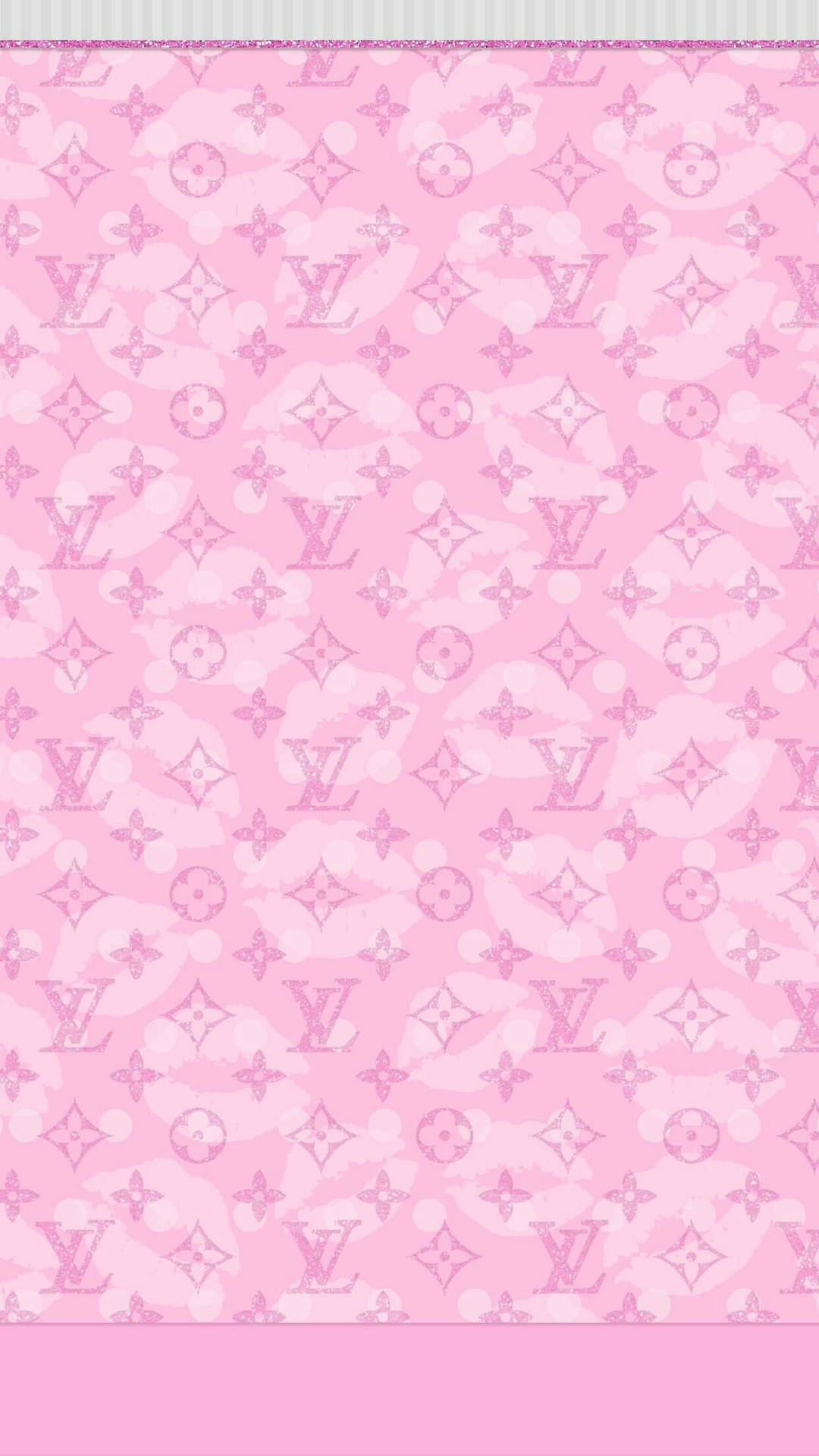 粉紅色牆紙，帶有重複的 Louis Vuitton 字母組合圖案和閃粉點綴。