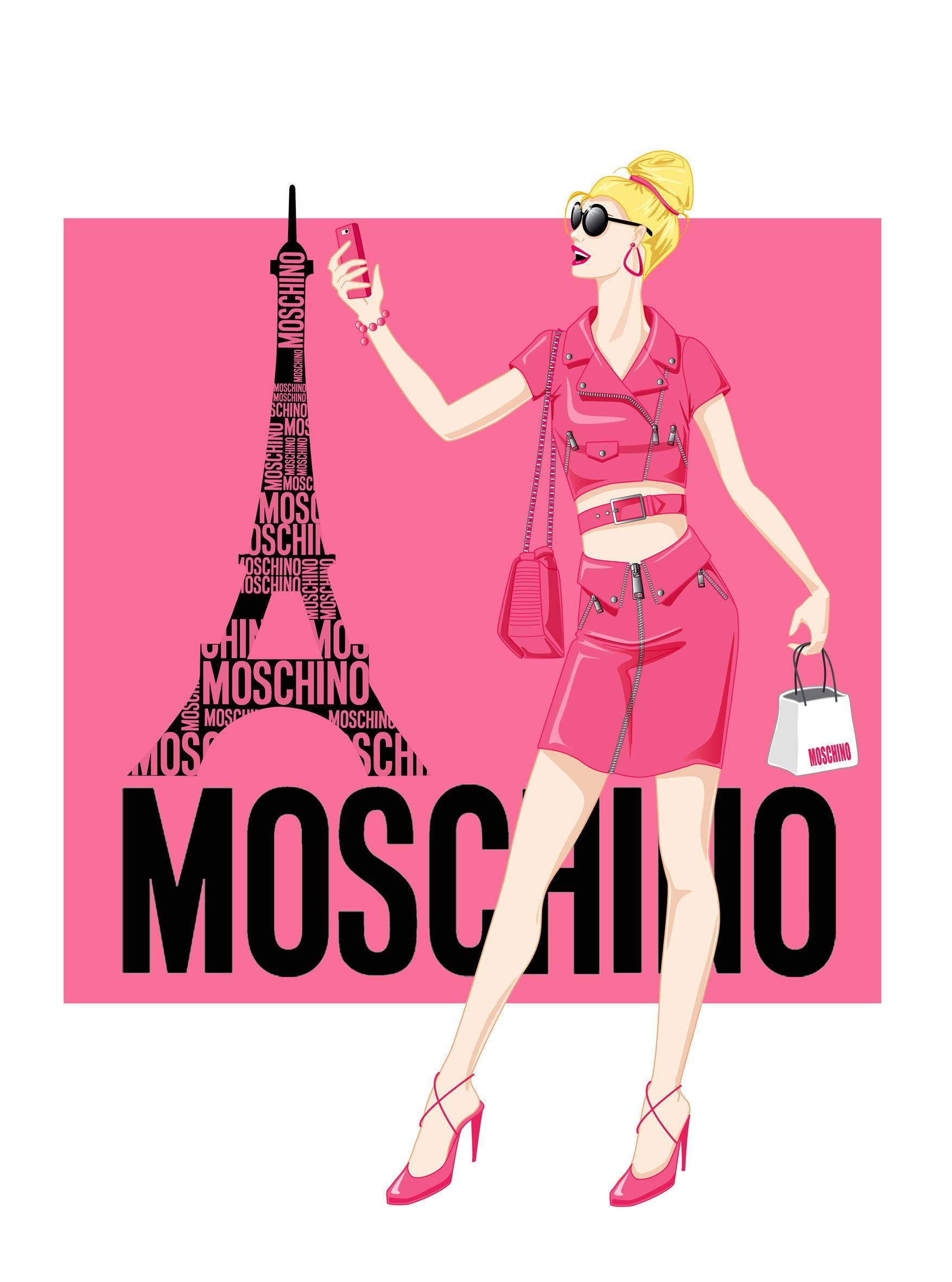 粉紅Moschino艾菲爾鐵塔 壁紙 — 一位時尚的金髮女性穿著粉紅色Moschino服裝，在由品牌標誌組成的粉紅色艾菲爾鐵塔旁自拍。