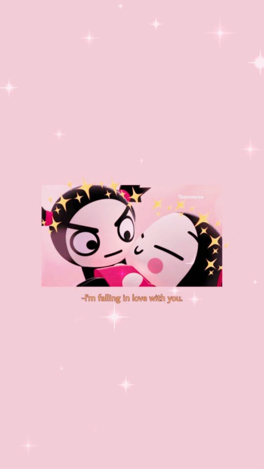兩個卡通角色接吻，帶有閃爍效果和文字「I'm falling in love with you。」