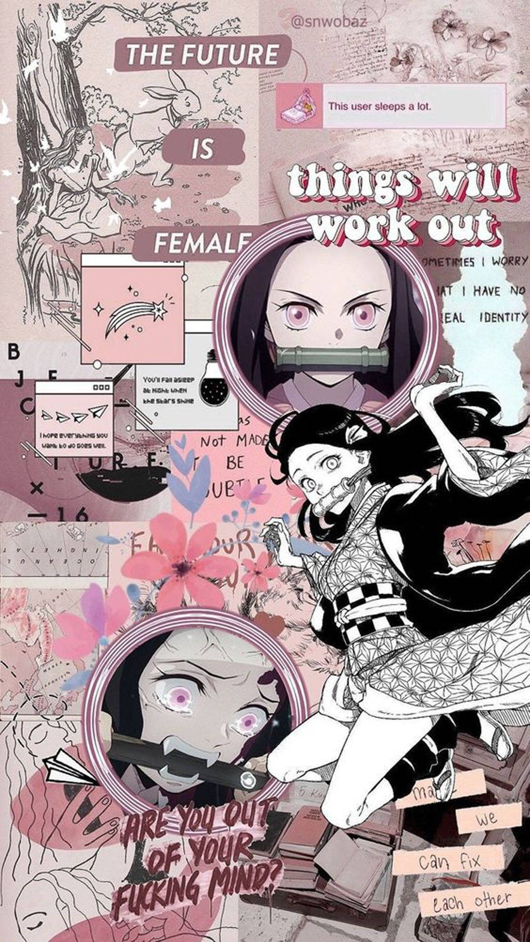 動漫女孩戴著口塞和粉紅色眼睛，周圍環繞著勵志文字和花卉塗鴉。
