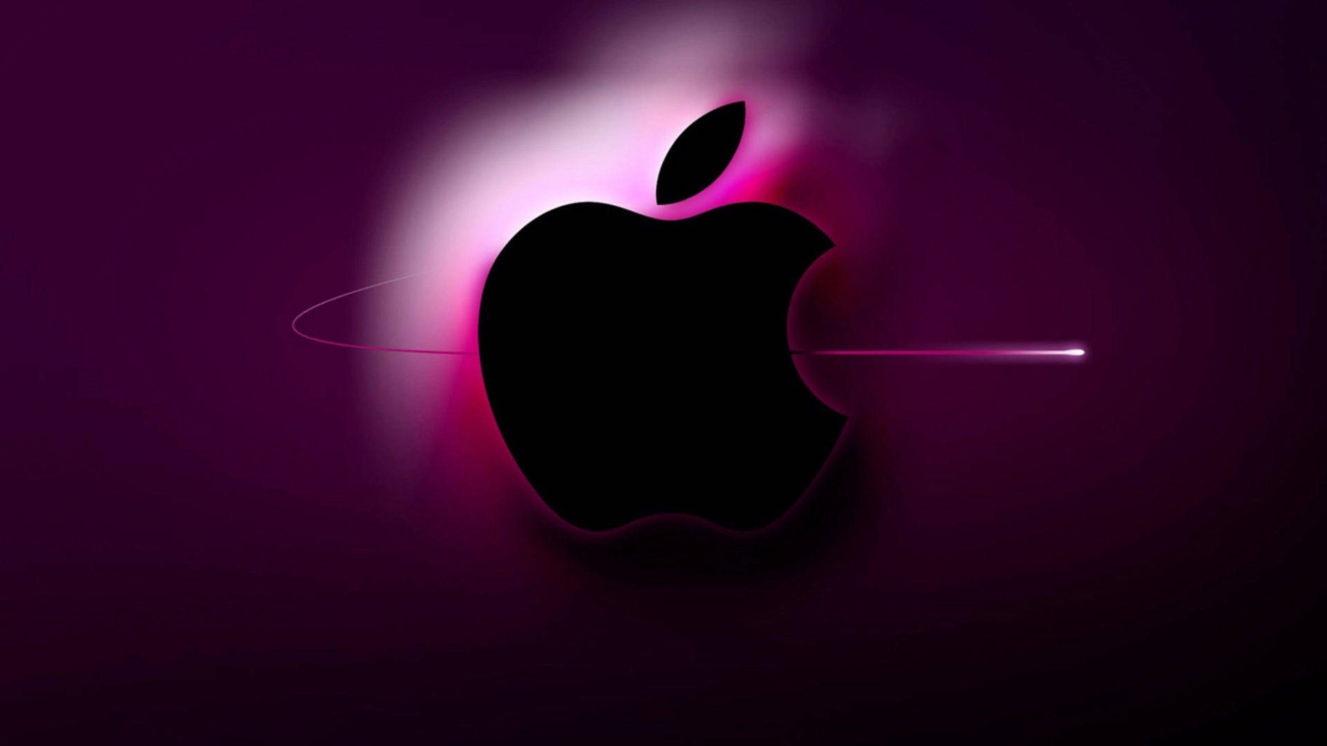 黑色Apple標誌在深色背景上發出紫色光芒效果