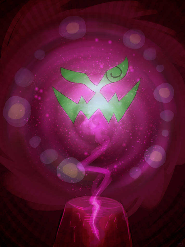 粉紅光暈的 Spiritomb 壁紙 — 一個發光的綠色風格面孔從旋轉的粉紅色漩渦中浮現，伴隨著漂浮的球體和閃光。