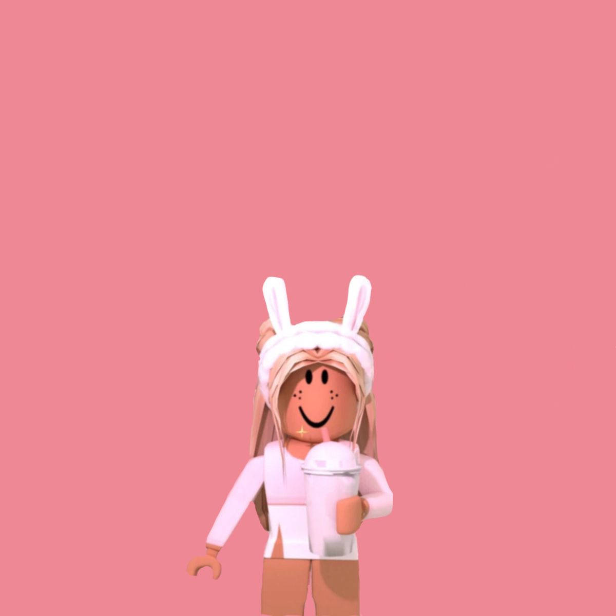 戴兔耳嘅Roblox角色喺粉紅色背景前揸住杯嘢飲