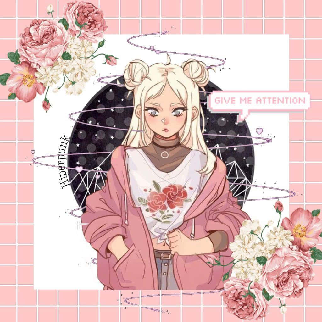 身穿粉紅色連帽衫的動漫女孩，背景有花朵和星星的網格圖案