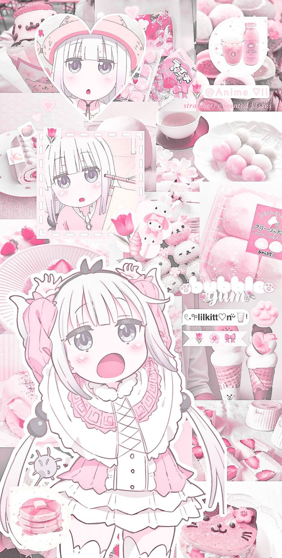 可愛拼貼畫中，動漫女孩被粉紅色糖果和櫻花包圍。