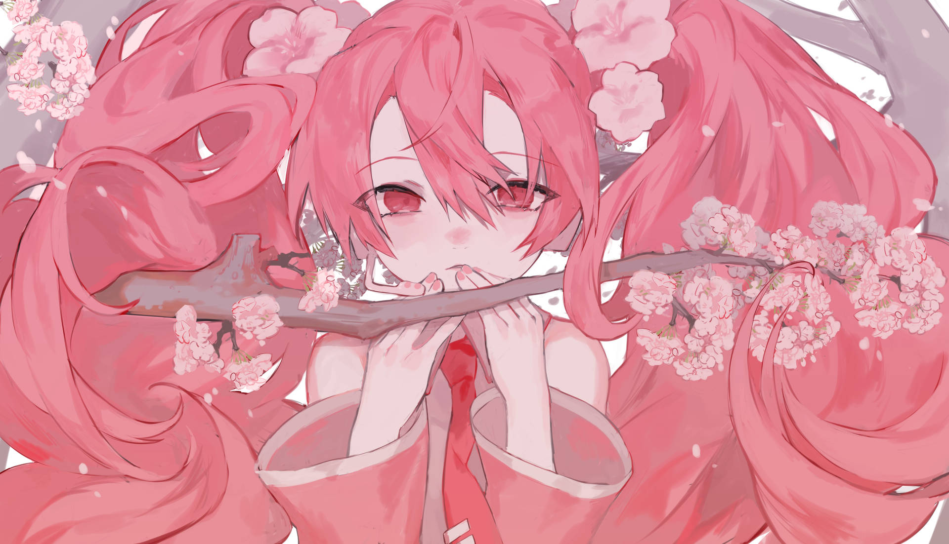 粉紅髮動漫女孩被花瓣包圍，手持櫻花枝。