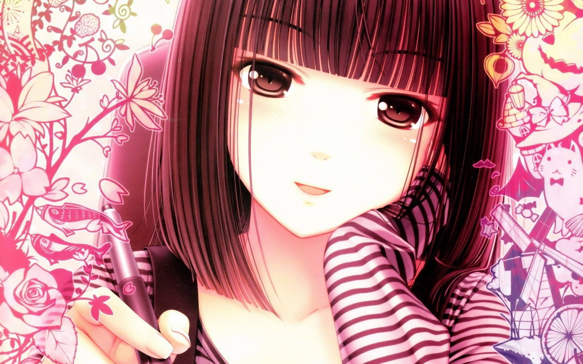 深色頭髮的動漫女孩握著一支筆，周圍環繞著粉紅色花卉和奇思妙想的插圖。