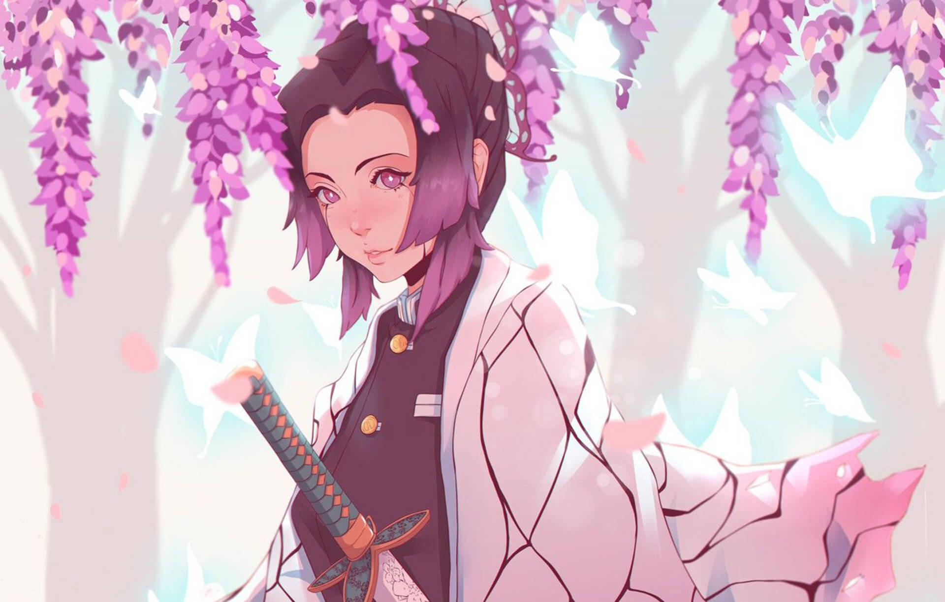 動漫女孩穿著和服，在紫色紫藤花下持劍。