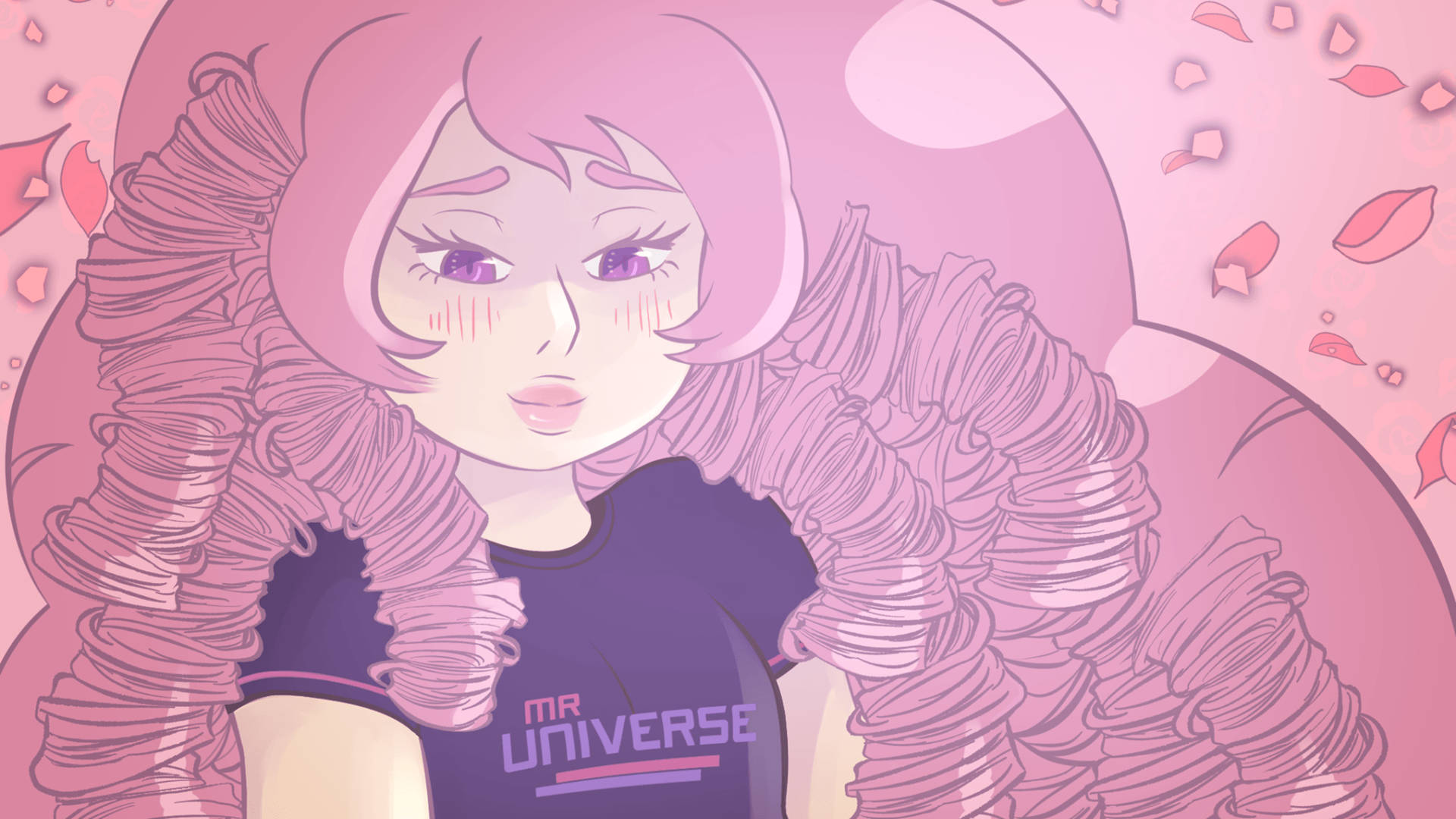 粉紅色頭髮的動漫女孩穿著「Mr Universe」襯衫，被漂浮的花瓣和荷葉邊包圍。