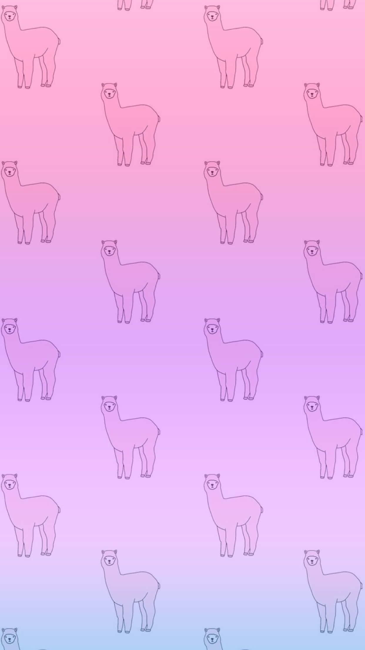 Kawaii Llama 桌布 壁紙 — 粉紅和紫色漸變壁紙，帶有重複的簡約羊駝輪廓，採用柔和粉彩色調。