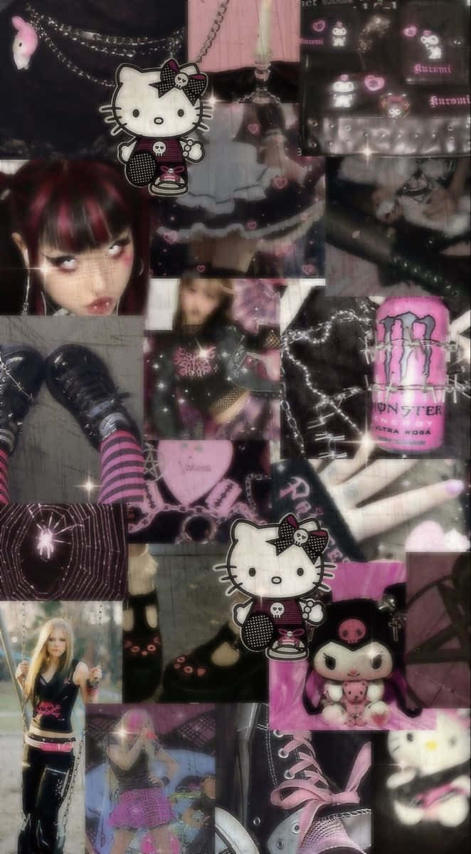 粉紅哥德美學拼貼 壁紙 — 一個黑暗哥德式拼貼畫， featuring Hello Kitty、骷髏頭、粉紅色Monster Energy飲料和龐克風格的時尚元素。