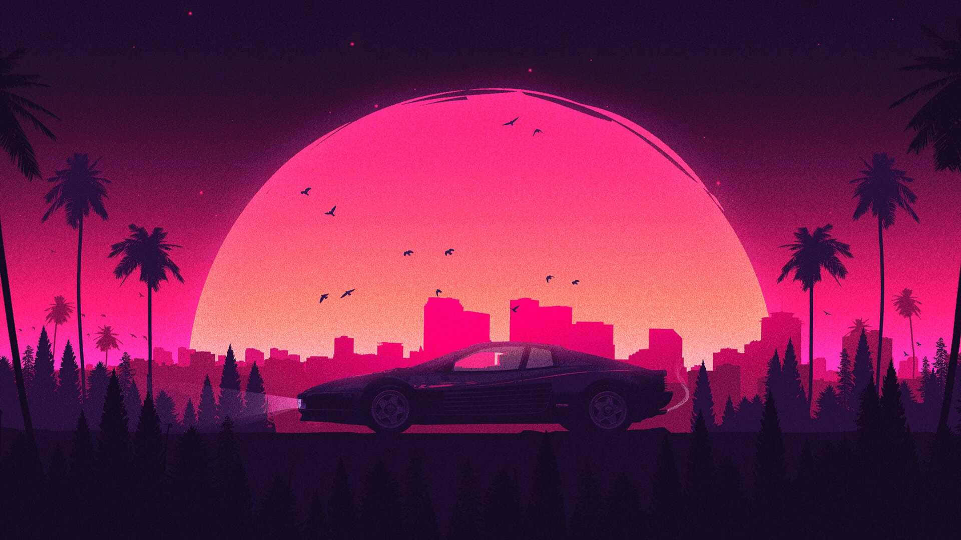 黑色跑車在日落時分行駛，棕櫚樹和城市天際線呈現剪影。