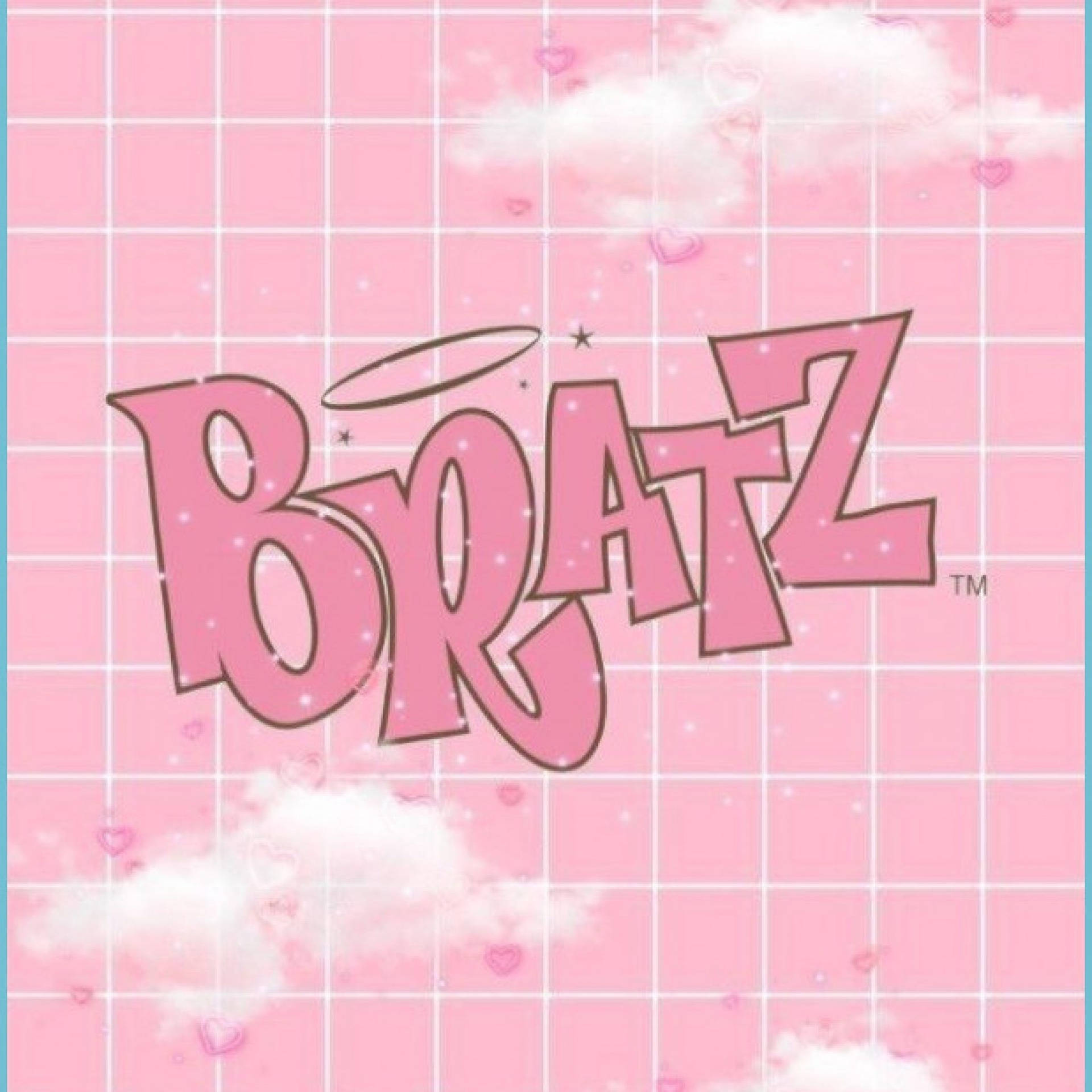 粉紅色網格壁紙，有雲朵、心形和帶光環的 Bratz 標誌。