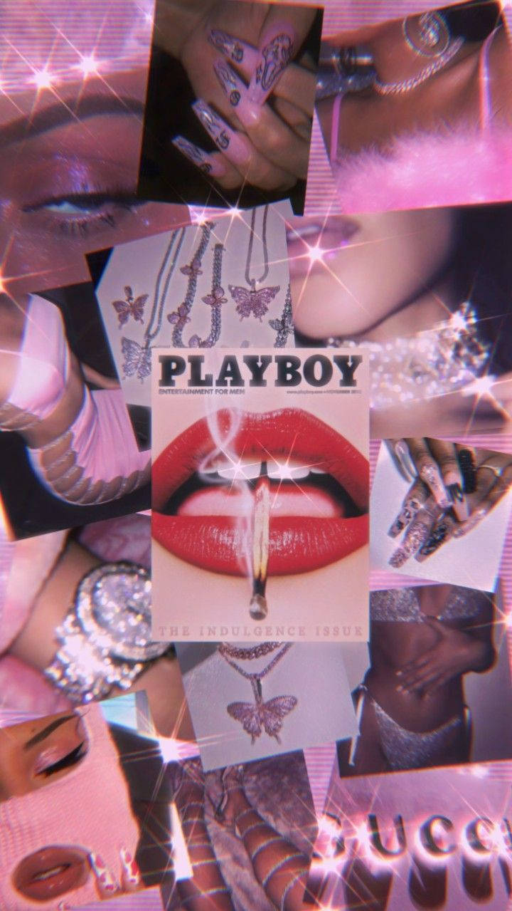 粉紅色閃爍拼貼，包含嘴唇、珠寶和修甲的手，以及《Playboy》雜誌。