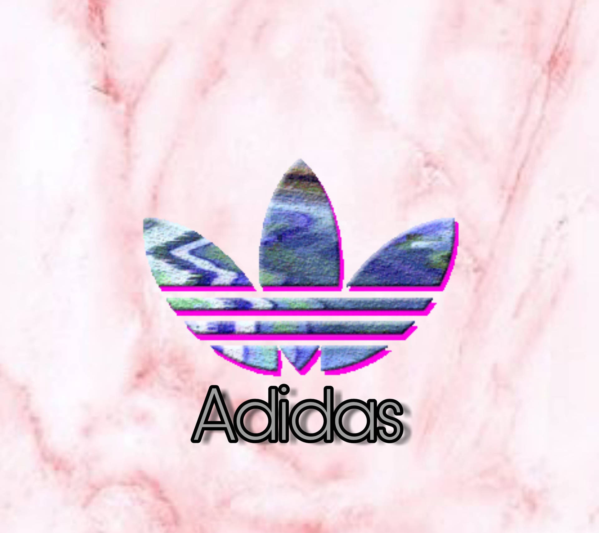 粉紅色大理石背景上帶有故障效果的Adidas標誌