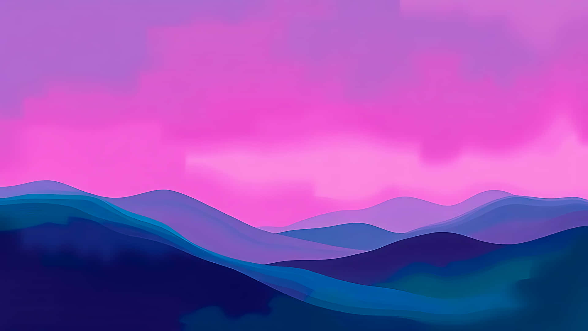粉紅天空下起伏山丘的抽象風景插畫 壁紙 — 深藍色和紫色的層疊山脈剪影，在充滿活力的粉紅色和洋紅色天空下。