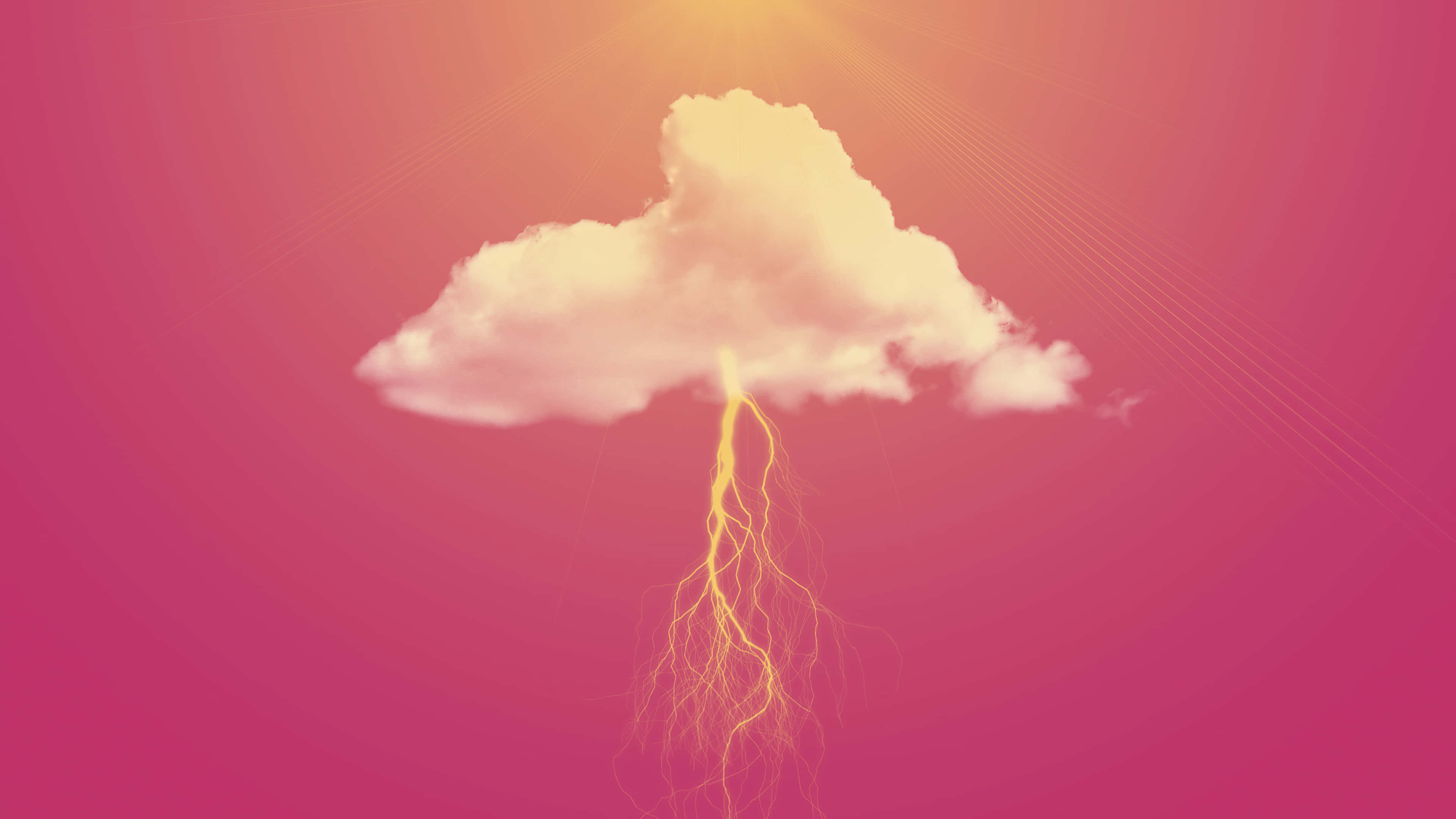 粉紅天空動畫雲朵 壁紙 — 一朵發光的雲伴隨著金色閃電，在絢麗的粉紅和橙色漸變天空下下降。