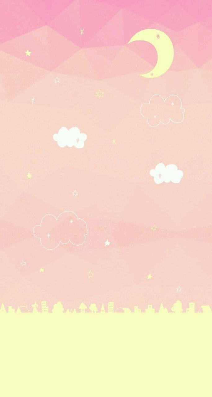 粉紅天空手機壁紙 壁紙 — 粉彩粉紅和黃色幾何天空，新月、星星和雲朵在城市剪影之上。