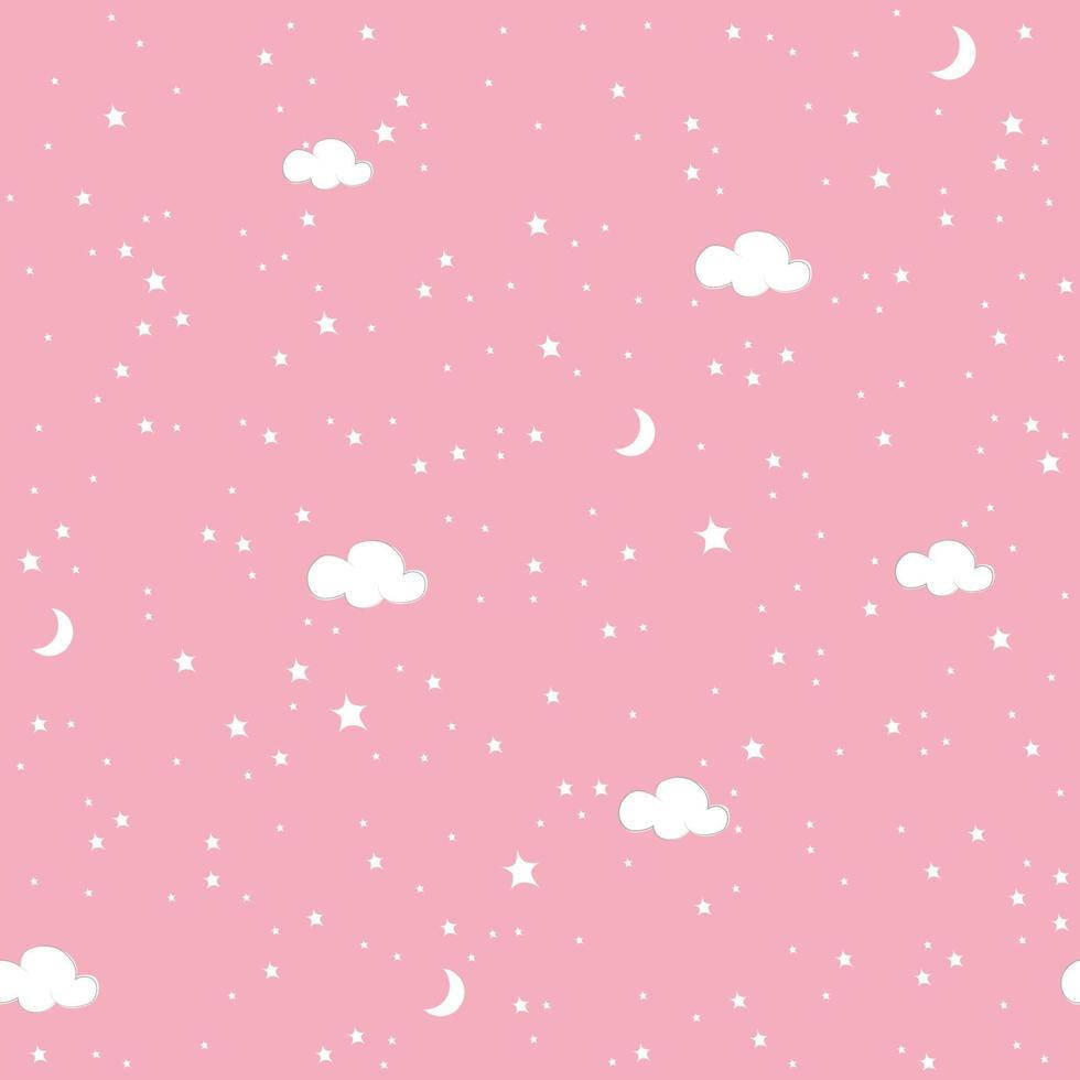 粉紅天空雲朵美學 壁紙 — 柔和的粉紅色天空，充滿白色星星、雲朵和彎月，形成重複圖案。