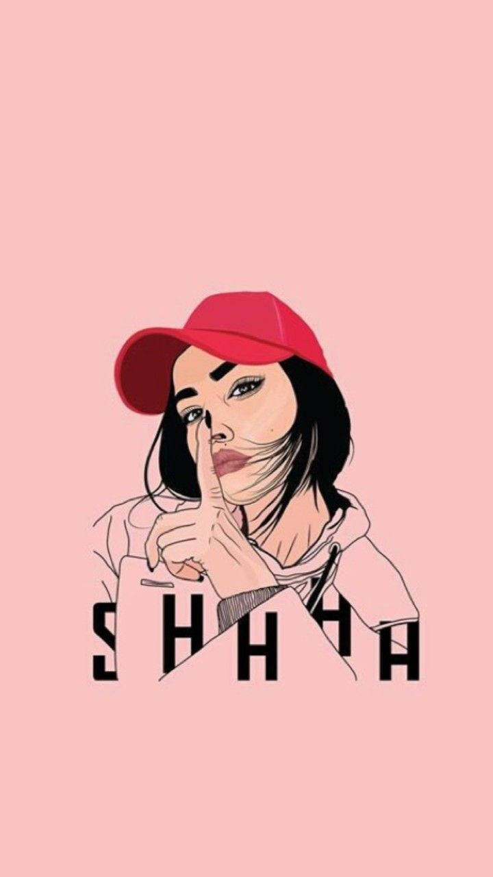 戴紅色帽子的女士做出安靜手勢，下方有粗體文字