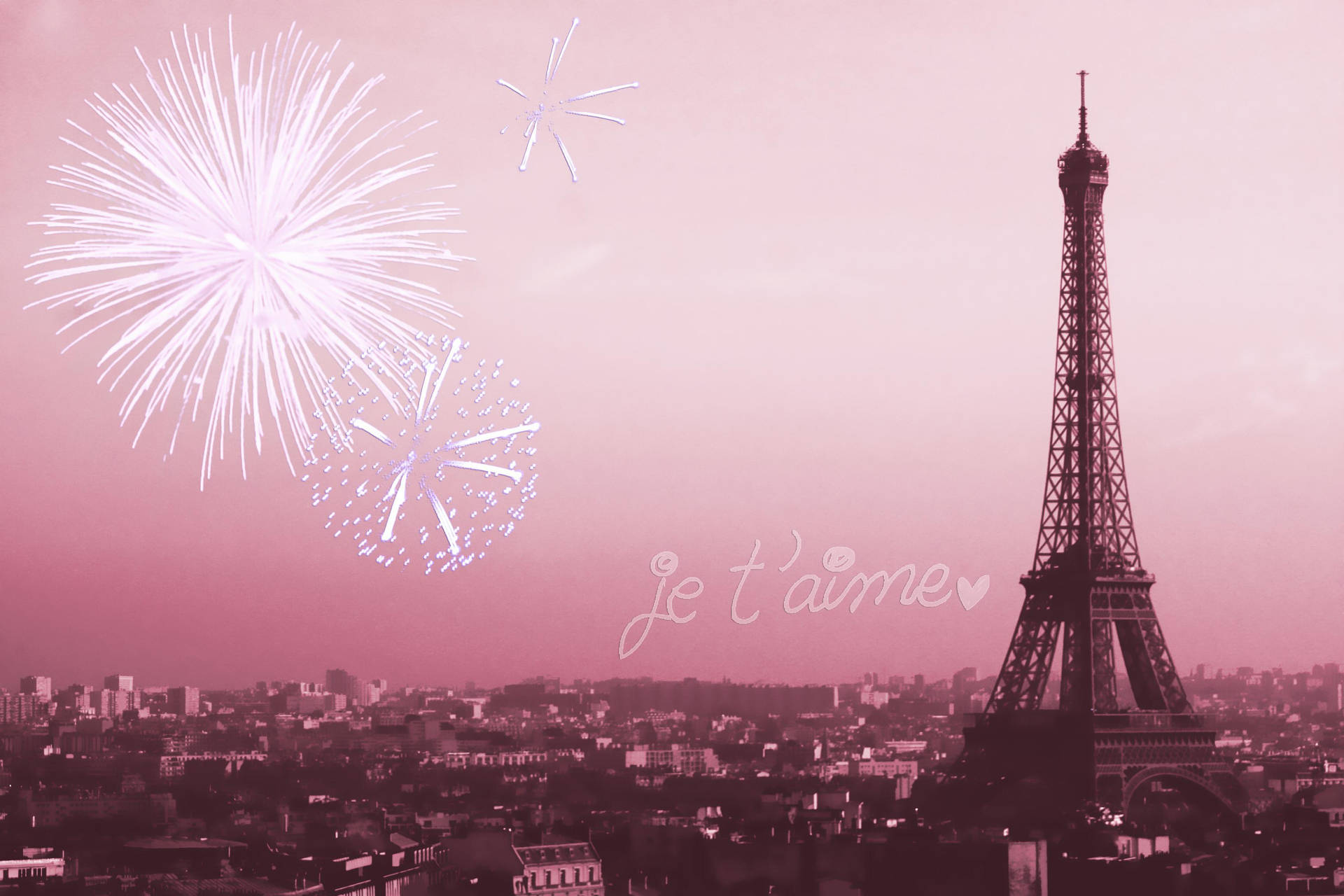 艾菲爾鐵塔配上煙火和粉紅暮色中的「je t'aime」文字。