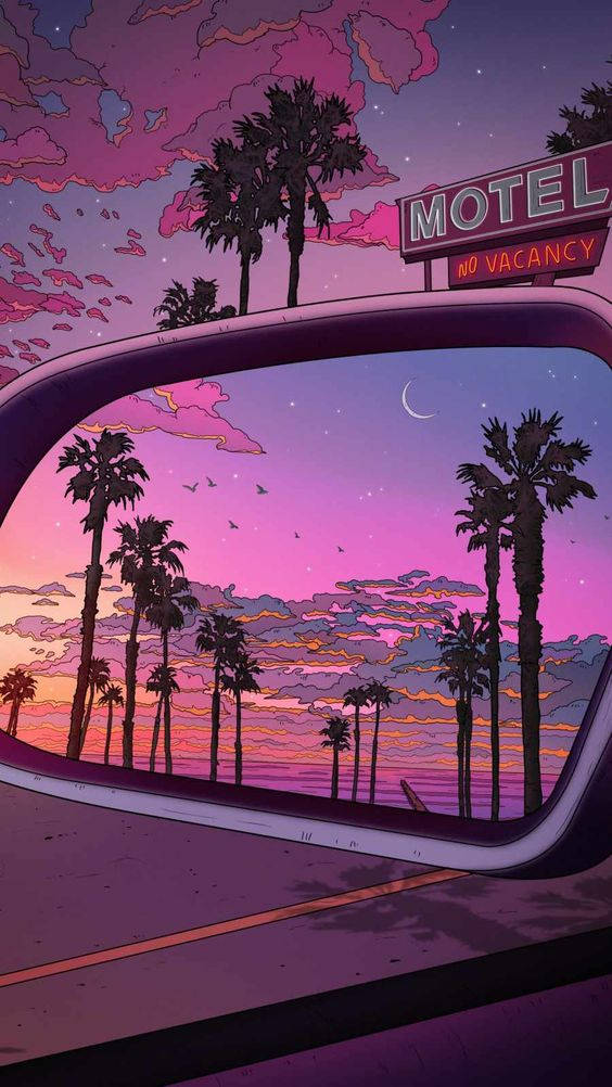 汽車側鏡倒映出棕櫚樹和一個在粉紅色暮色天空下發光的汽車旅館招牌。