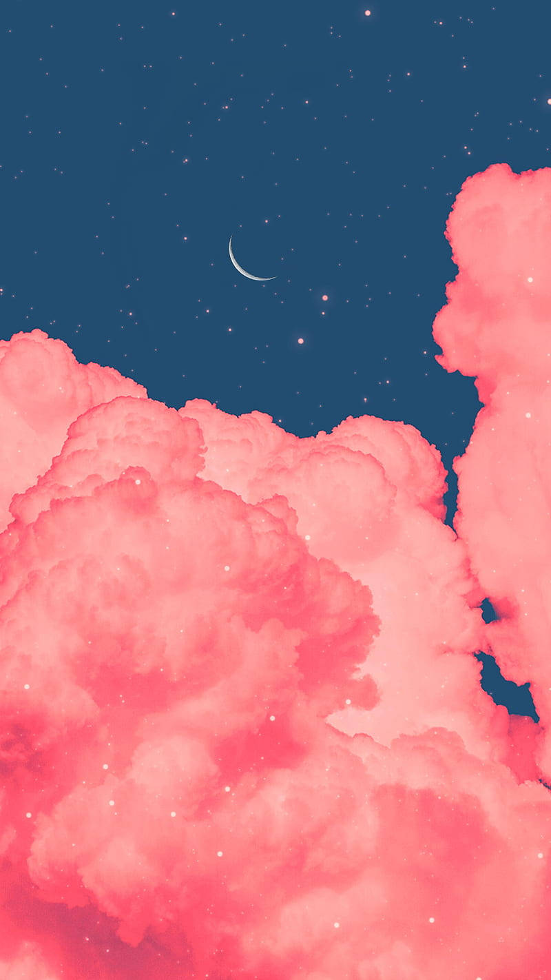 粉紅色雲朵在星空和彎月下漂浮。