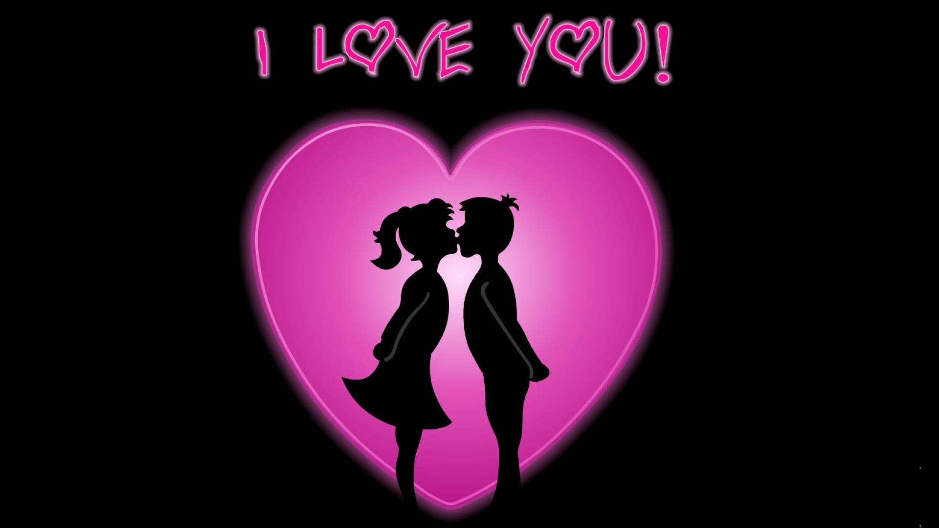 兩個剪影人物在發光的粉紅色心形內接吻，帶有 'I LOVE YOU!' 文字。